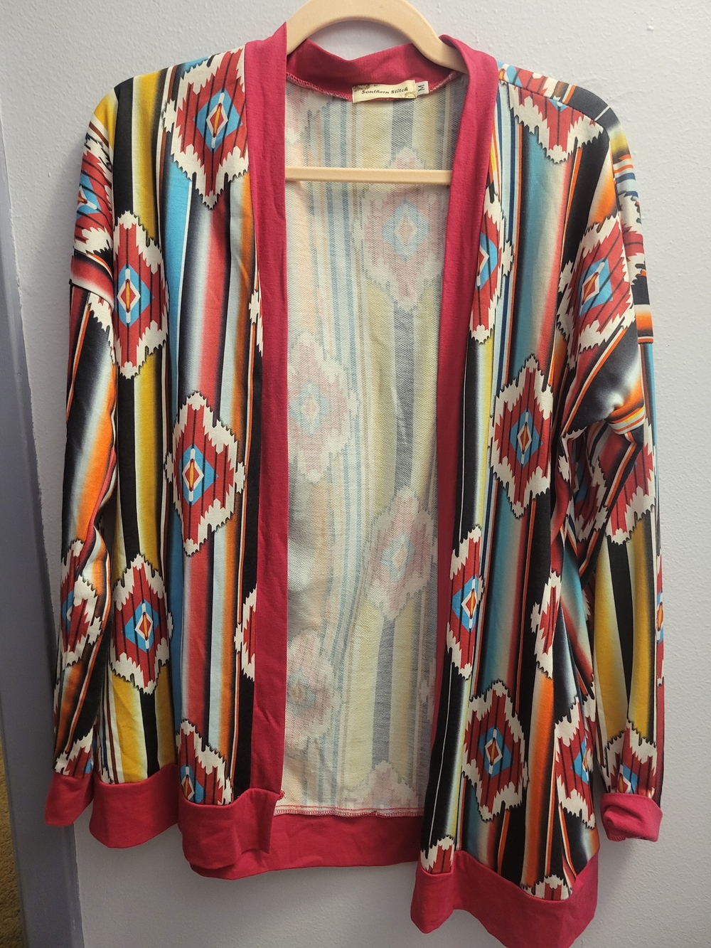 Multicolor Aztec Open-Front Cardigan with Red Trim